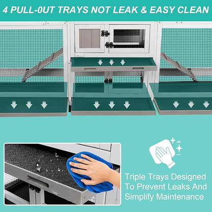 2-Tier Rabbit Hutch with Wheels, Indoor & Outdoor Small Animal Cage with Deep Pull-Out Tray, Anti-Chew Frame, Habitat for Bunny, Guinea Pig, Chinchilla (93" L x 19" W x 35" H)