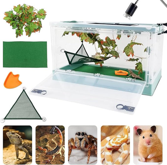 Travel Portable Foldable Terrarium Kits for Reptiles -Heat-Resistant Material, Easy to Move with Wheels, Includes Plant, Feeding Bowl, and Carpet for Snakes, Lizards, Tortoises, and Leopard