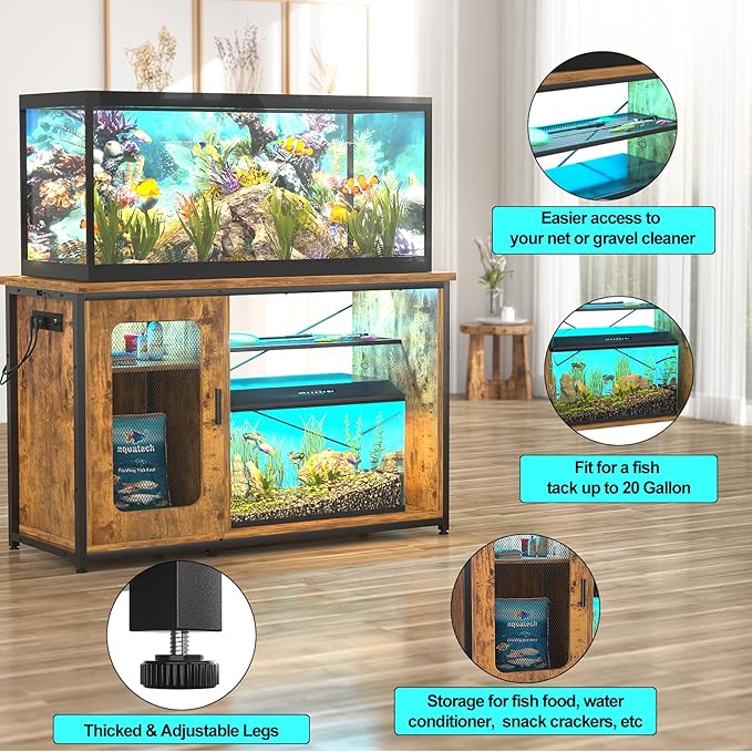 55-75 Gallon Fish Tank Stand with Power Outlets & LED Light, Reversible Heavy Duty Metal Aquarium Stand with Cabinet for Fish Tank Accessories Storage, Turtle/Reptile Terrariums, Rustic