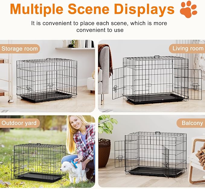 FDW 24inch Dog Crate Pet Cage with Metal Folding Design Plastic Tray Indoor Outdoor Dog Kennel Cage for Small Dogs,Black