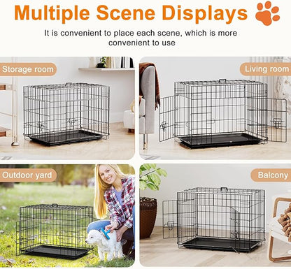 FDW 24inch Dog Crate Pet Cage with Metal Folding Design Plastic Tray Indoor Outdoor Dog Kennel Cage for Small Dogs,Black