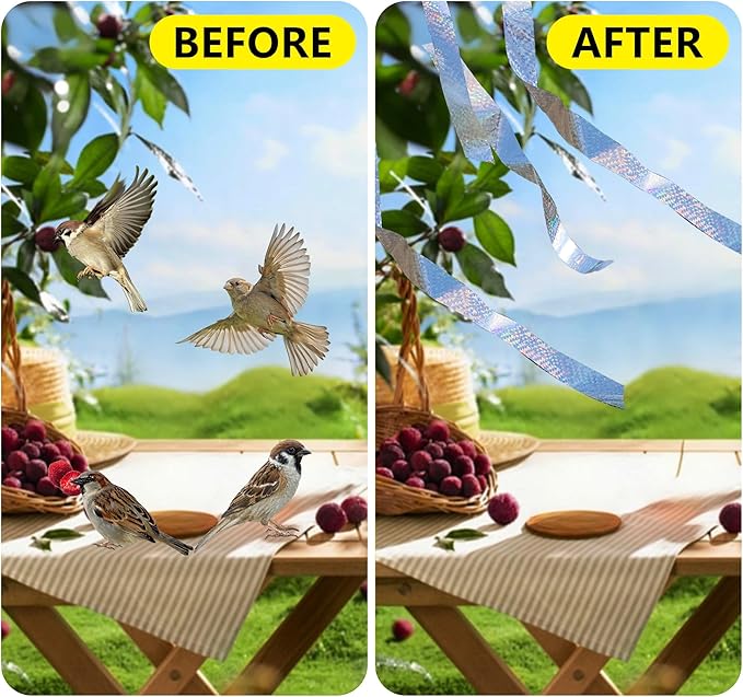 Bird Scare Reflective Tape, 262 Feet per Roll, Double-Sided Reflective, for Repelling Sparrows and Woodpeckers, Suitable for Outdoor Use in Homes, Gardens, Farms, Orchards,Outdoor