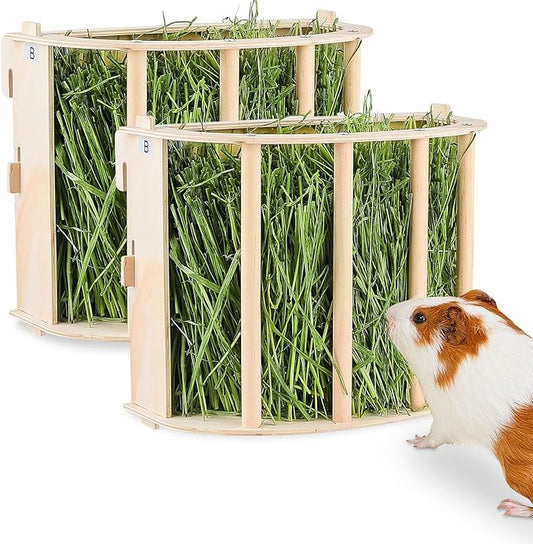 2PCS Guinea Pig Hay Feeder - Wooden Rabbit & Bunny Hay Holder Hanging Rack with Instructions - Suitable for Chinchilla, Ferret & Rabbit Cages