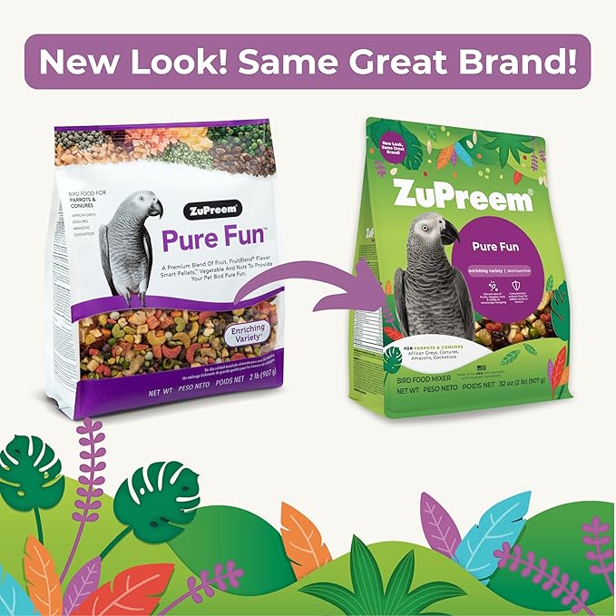 ZuPreem Pure Fun Bird Food, Parrot, Conure, Caique, African Grey, Eclectus, Small Cockatoo, Seed and Pellet Blend for Medium Large Birds, Bird Food Mixer Topper, Enriching Variety (ML, 2 lbs)