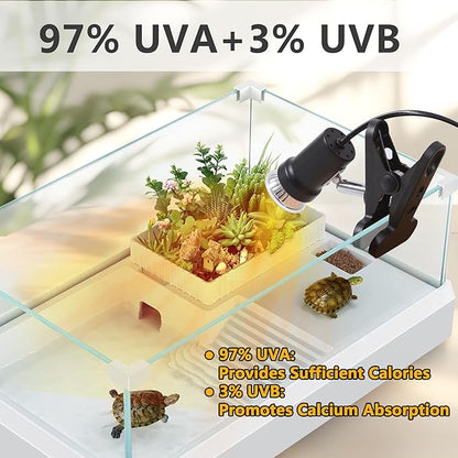 Reptile Heat Lamp, UVA UVB Light for Aquarium Turtle Tank, with 50w Basking Bulb, for Tortoise, Snake, Frog, Lizard, Cockatoo, Chameleon. Halogen, Yellow Light