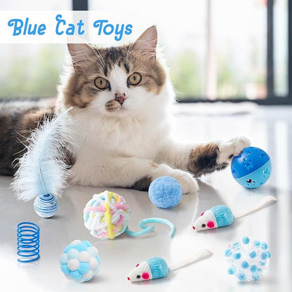 MALLMALL6 10Pcs Cat Toy Set Including Cat Springs Feather Teaser Wand Mice Crinkle Balls and Pet Bell Balls, Puzzle Interactive Pet Gift Pack Toys for Indoor Kitten (Blue)