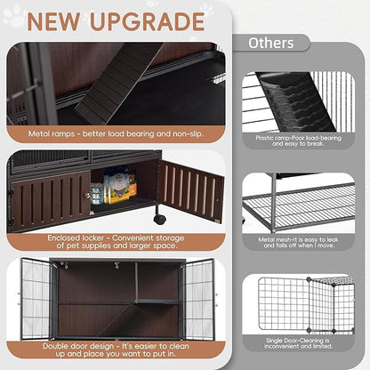 HABUTWAY 60''H Metal Large Ferret Cage, Rolling Chinchilla Cage with Removable Ramps& Double Door, Critter Nation with Locker, Small Animal Cage, Rat Indoor Wooden Pet Crate Furniture