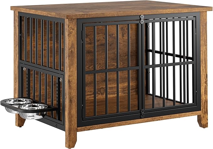 Lulive Dog Crate Furniture, Wooden Dog Kennel Indoor with Adjustable 360°& Height Dog Bowls, Double Doors Furniture Dog Crates End Table for Small/Medium 31.5" L*22.5" W*25.6" H, Brown