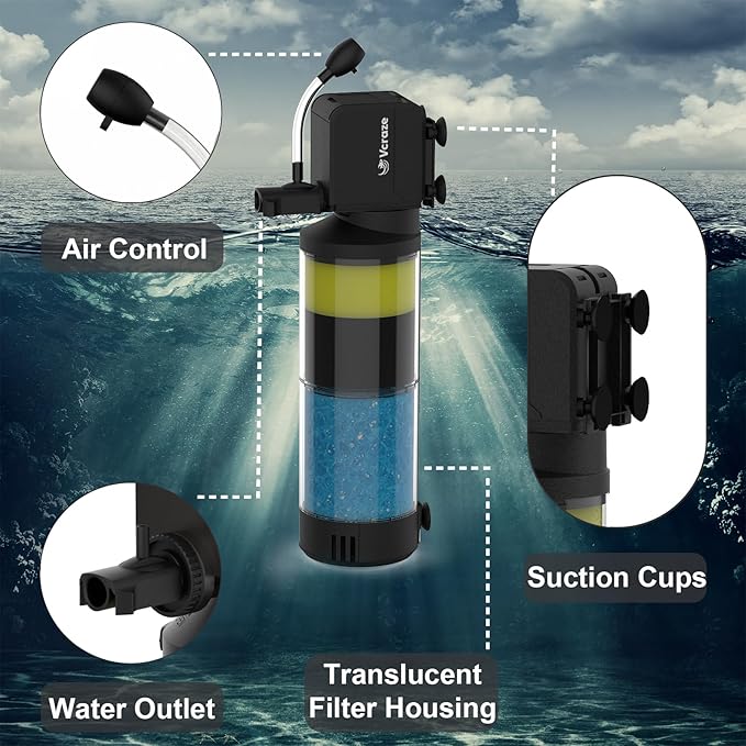 3-Stage Submersible Aquarium Filter for 10-40 Gallon Fish Tanks, Fish Tank Filter with Aeration/Rainfall Modes, Fish Filter Tank Filter Turtle Filter Reptile Filter for in-Tank Use