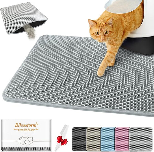 Waterproof Cat Litter Mat, Double Layer EVA, Odor-Free Large Grid, Urine Proof, Easy Cleanup (Gray, 12 x 12)