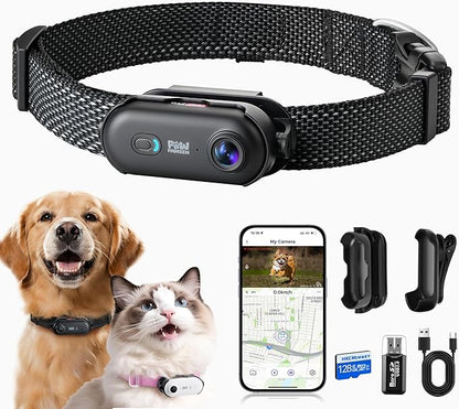 4K UHD Dog& Cat Pet Camera Collar, Video Recorder with Phone App Live View, Outdoor & Indoor POV Action Cam for Small and Medium-Size Dogs(Black - Black Nylon Collar - M, 128g)