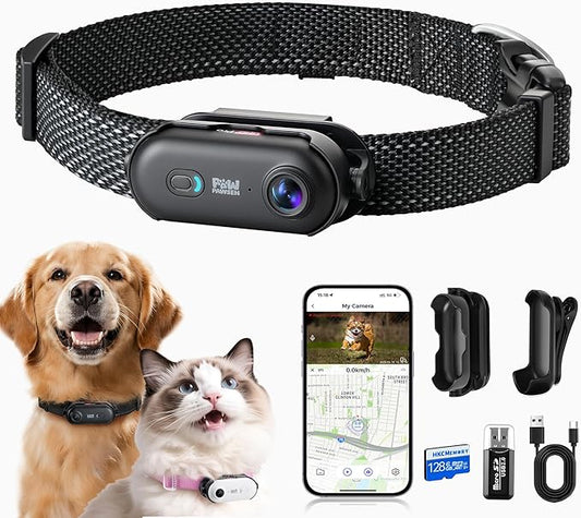 4K UHD Dog& Cat Pet Camera Collar, Video Recorder with Phone App Live View, Outdoor & Indoor POV Action Cam for Small and Medium-Size Dogs(Black - Black Nylon Collar - M, 128g)