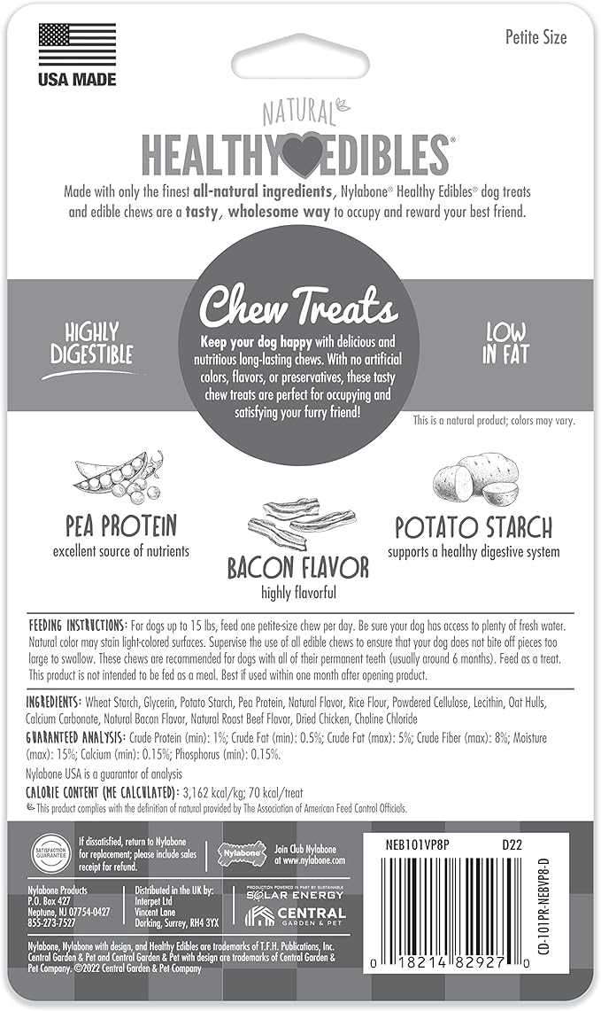 Nylabone Healthy Edibles Natural Dog Chews Long Lasting Bacon Flavor Treats for Dogs, X-Small/Petite (8 Count)