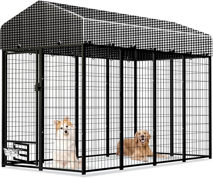 HITTITE 8x4x6 FT Large Outdoor Dog Kennel, Expandable Modular Dog Kennel Outside with Rotate Feeding Door, Heavy Duty Welded Wire Steel Dog Run Dog Playpen Fence with Black Roof Cover for Backyard