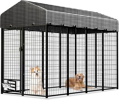 HITTITE 8x4x6 FT Large Outdoor Dog Kennel, Expandable Modular Dog Kennel Outside with Rotate Feeding Door, Heavy Duty Welded Wire Steel Dog Run Dog Playpen Fence with Black Roof Cover for Backyard