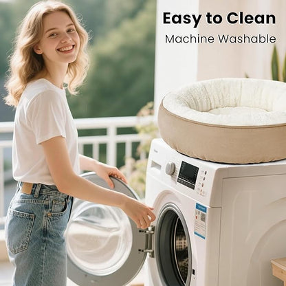 Love's cabin Round Donut Cat and Dog Cushion Bed, 25in Pet Bed for Small or Medium Dogs, Anti-Slip & Water-Resistant Bottom, Soft Durable Fabric Pet Beds, Washable Calming Cat & Dog Bed Camel