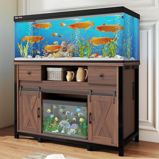 Miereirl 55-75 Gallon Fish Tank Stand with Power Outlet – Heavy Duty Aquarium Stand, 800 lb Capacity, Farmhouse Style, Adjustable Storage & Sliding Barn Doors, Light Brown