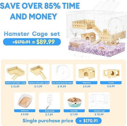 BUCATSTATE Hamster Cage Includes 8 in 1 Accessories, 3-Level Hamster Rat Cage and Habitats for Gerbil, Mice, Syrian Dwarf Hamster (24.4" L x 13.8" W x 16.9" H)