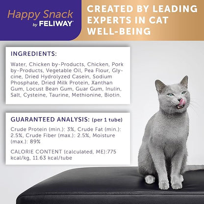 Feliway Happy Snack, Delicious, Lickable, Squeezable Purée Cat Treats for a Daily Calming Routine, Made with Real Chicken, 12 Pack (0.5oz Tubes)
