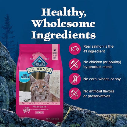 Blue Buffalo Wilderness Natural Adult Dry Cat Food, High-Protein and Grain-Free Diet, Supports Healthy Muscle Development and a Healthy Immune System, Salmon, 5-lb Bag