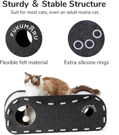 FUKUMARU Cat Beds for Indoor Pets, 31.5 Inches Extra-Large Cat Cave for Multi-Pet, Cozy House with Fluffy Ball Hanging, Scratch Resistant Felt Kitten Hideaway Bed, Feline Tunnel, Grey
