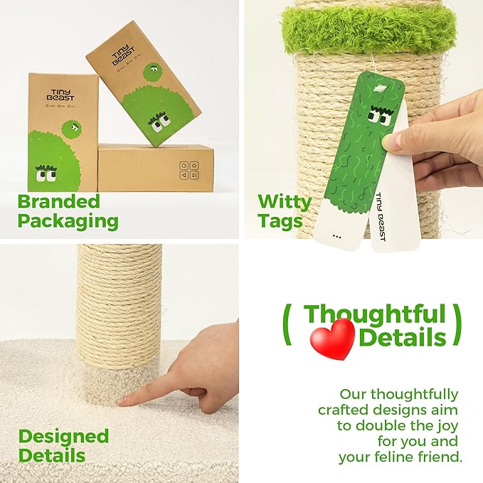 TINYBEAST 34.7" Tall Cat Scratching Post, 3 in 1 Sisal Cat Scratcher, Heavy Duty 4.3" Diameter Cat Tree with Hanging Bell Ball Toy and Reinforced Stable Base for Indoor Adult Cats & Kittens(Beige)