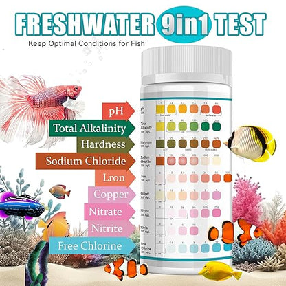 9-Way Aquarium Test Strips, Aquarium Test Kit for Fish Tanks & Ponds, 150 ct Quick & Accurate Water Testing Iron Copper Sodium Chlorine Nitrate Nitrite Total Alkalinity Hardness Free Chlorine pH