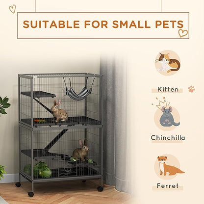 PawHut 50" 5-Tier Small Animal Cage, Ferret Cage, Large Chinchilla Cage with Hammock Accessory & Heavy-Duty Steel Wire, Small Animal Habitat with 4 Doors, Removable Tray, Gray