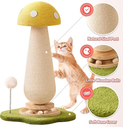 Mushroom Cat Scratching Post Cat Tree, 21.5‘’ H Cute Cat Scratcher Tower with Durable Solid Wood Turntable Toy, Lemon Yellow Mushroom Scratch Post Cat Sisal Scratcher with Catnip for Indoor Cats