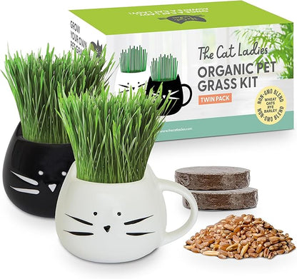 The Cat Ladies Cat Grass Growing Kit with Organic Cat Grass Seed Mix, Soil and Two Cat Grass Planters. Perfect Cat Gifts for Indoor Cats