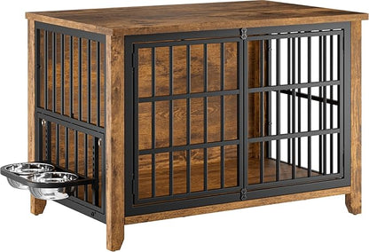 Lulive Wooden Dog Crate Furniture, Large Dog Kennel Indoor with 360°& Adjustable Raised Dog Bowls, Double Doors Furniture Dog Crates End Table for Large/Medium Dogs 37.8" L*23.6" W*27" H, Brown