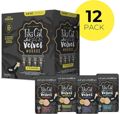 Tiki Cat After Dark, Velvet Mousse, Variety Pack, Grain & Potato Free Formula, with High Protein & Nutrient Dense Blended Irresistible Organ Meat, 2.8 oz. Pouch (Pack of 12)