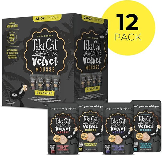 Tiki Cat After Dark, Velvet Mousse, Variety Pack, Grain & Potato Free Formula, with High Protein & Nutrient Dense Blended Irresistible Organ Meat, 2.8 oz. Pouch (Pack of 12)
