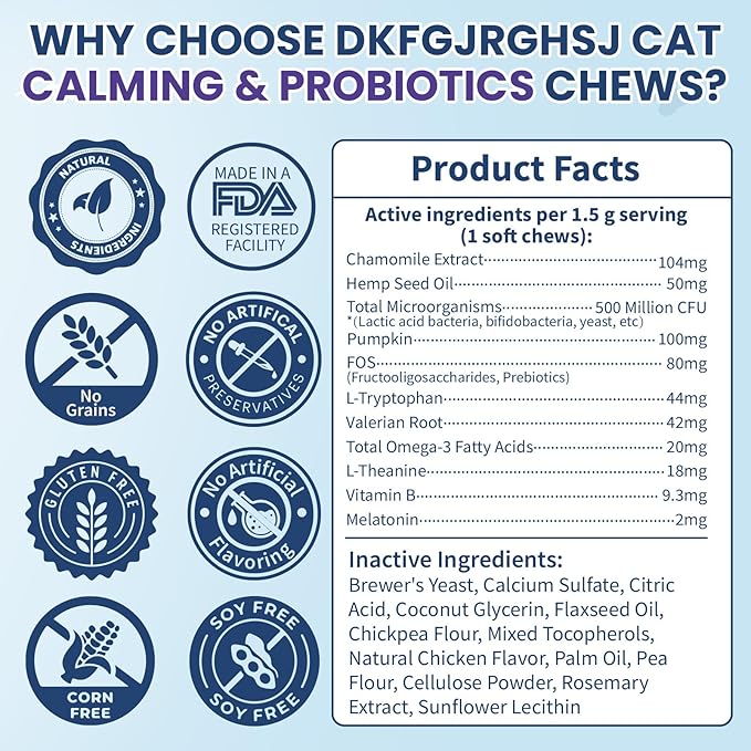 Cat Calming Treats, 200 Soft Chews Hemp Calming for Cats Gut Health with Probiotics, Calm Cat Treats for Anxiety and Stress Relief & Probiotic for Cats Digestive Health Chicken Flavor