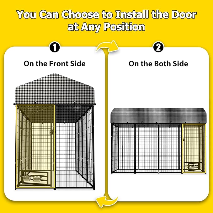 Outdoor Dog Kennel for Large Dogs, Dog Playpen Run Fence House for Yard, Heavy Duty Dog Kennel Outside with Feeding Door & Roof Cover(8'L x 4'W x 6'H)