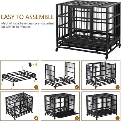 JY QAQA 38 Inch Heavy Duty Indestructible Dog Crate Double Doors Escape Proof Cage Kennel,Enhanced Metal Pet Cage,Extra Large XL XXL Crate Indoor for Large Dog with Removable Tray and Lockable Wheels