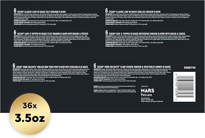 Cesar Wet Dog Food Classic Loaf in Sauce, Steak and Chicken Lovers Variety Pack with Real Meat or Real Chicken, 3.5 oz. Easy Peel Trays (36 Count, Pack of 1)