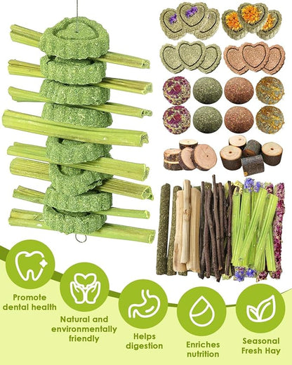 61Pcs DIY Rabbit Toys for Bunny Boredom Basket for Small Pets, Hanging Rodent Dental Toy with Papaya Stems Sweet Bamboo Hamsters, Chinchillas, Guinea Pigs (XL, Papaya stem)