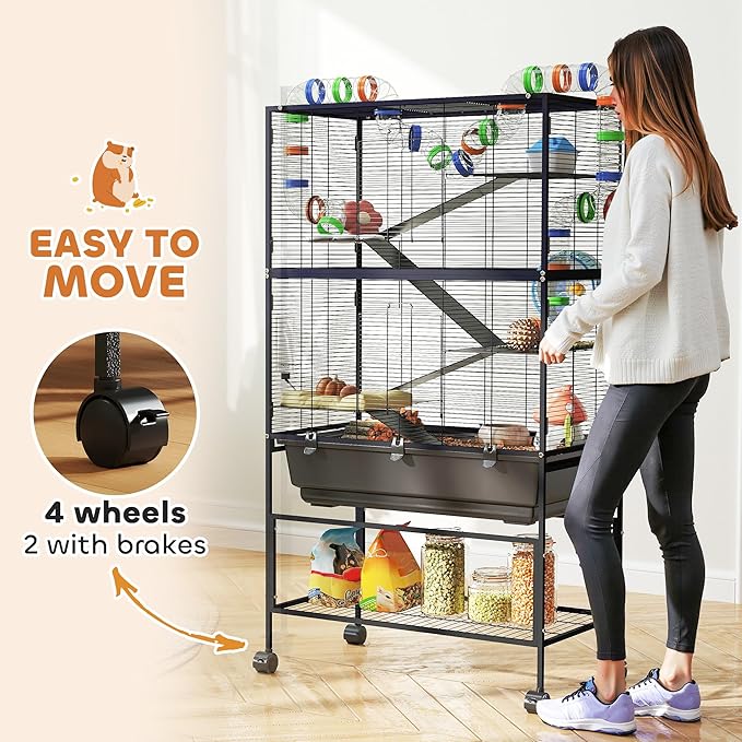 PawHut Large Hamster Cage with Deep Tray, 5 Tier Rolling Rat Cage with Storage Shelf, Big Exercise Wheel, Tube System, Hut, Platforms, Ramps, Food Dish, Water Bottle, for Syrian, Gerbil, Mouse
