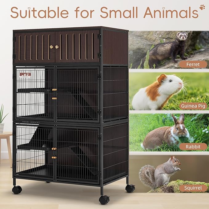 HABUTWAY 50''H Metal Large Ferret Cage, Rolling Chinchilla Cage with Removable Ramps& Double Door, Critter Nation with Locker, Small Animal Cage Indoor Wooden Pet Crate Furniture
