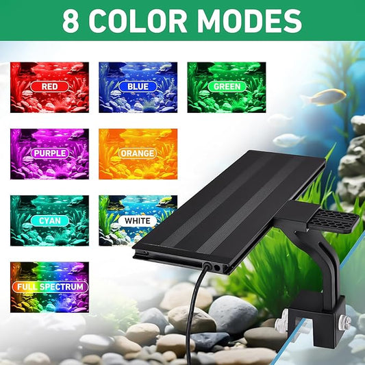 18W 24/7 LED Aquarium Light with Auto On/Off – 8 Color Modes, Full Spectrum, Simulates Sunrise & Sunset, Adjustable Brightness, Clip-On Mount Fits up to 0.75in Glass for 12–24in Fish Tanks