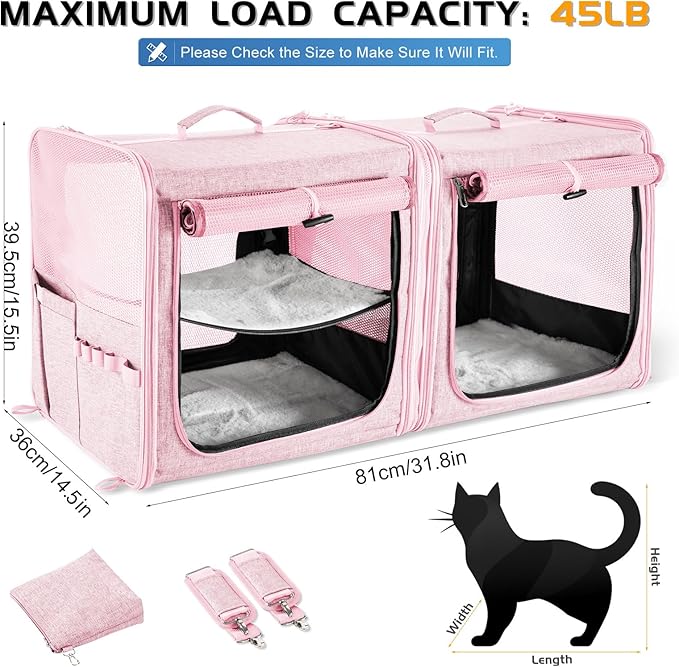 Suertree Cat Carrier for 2 Cats, Pet Travel Carrier with Litter Box for Cats and Small Dogs Up to 45 Lbs, Bowls, and Locking Zippers, Pink