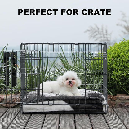 Bedfolks Waterproof Crate Bed, Plush Dog & Cat Bed with Removable Washable Cover, Faux Fur Kennel Pad, 21"x13", Black-White Cowhide