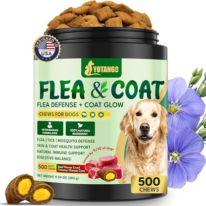 YOTANGO Dog Flea and Tick Support Crunchy & Creamy Chewables, 500 Chews Natural Flea and Tick Support for Dogs Chewable, Skin and Coat Support, Flea Chews for Dogs and Puppies (Beef Flavor)