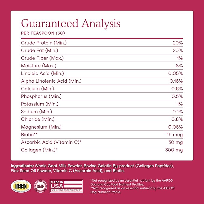 Fera Pets Goat Milk Topper - Cat & Dog Skin and Coat Supplement with Collagen, Biotin & Vitamin C - Helps Maintain Normal Skin Moisture - Promotes a Shiny Coat - for Picky Eaters - 60 TSP