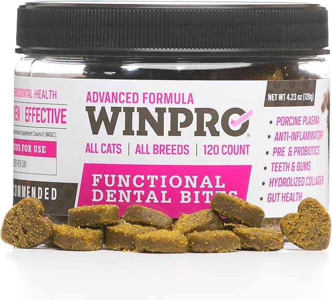 WINPRO - Tasty Dental Bites for Cats, Plasma-Powered Formula for Teeth Cleaning, Gum Support & Dental Care, Probiotic Blend Catnip Treats for Gut Health, All Cat Breeds, 120 Count, Made in USA