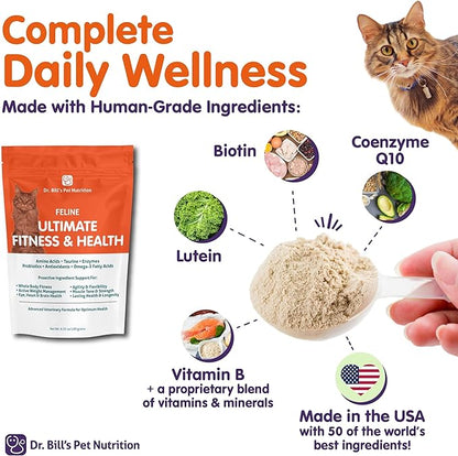 Dr. Bill’s Feline Ultimate Fitness & Health | Cat Multivitamin Powder - Daily Supplement | Weight Control, Joint, Brain, Heart & Immune Support | Omega 3s, Collagen, B Vitamins, Taurine, Amino Acids