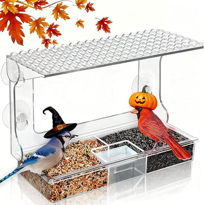 Window Bird Feeder for Outdoors with Strong Suction Cups, Acrylic Clear Window Bird Feeders for Viewing with Large Capacity Detachable Seed & Water Tray