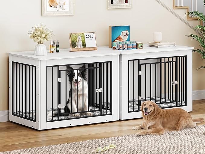 YITAHOME 76 Inch Double Dog Crate Furniture, XXL Dog Crate Furniture for 2 Dogs, Side End Table, Waterproof Top, Safety Corners, 2-in-1 Iron-Wood Fusion Dog Kennel Furniture for 2 Large Dogs,White