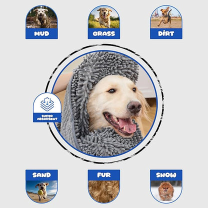 Quick Dry Towel for Dogs – Ultra Absorbent Microfiber Dog Bath Towel, Extra Large 30x15 Size | Soft Pet Drying Towel with Hand Pockets | Durable & Machine Washable-Grey
